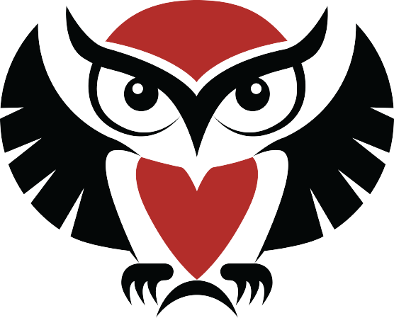 A black and red owl with a heart on it's back.