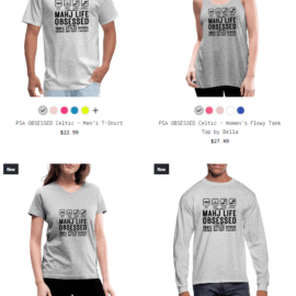 Clothing collection with "Mah Life Obsessed" design.