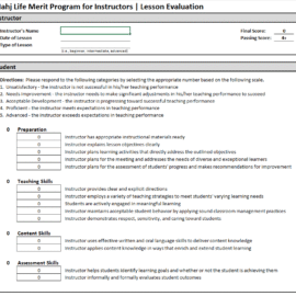 Lesson evaluation form for instructors.