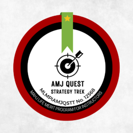 A red and black sticker with green ribbon.