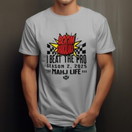 A man wearing a gray T-shirt with a bold graphic and text design.