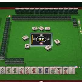 Digital Mahjong game interface showing tiles and player scores.