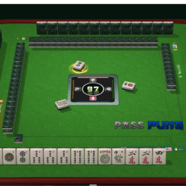 Digital mahjong game interface with tiles and a timer.