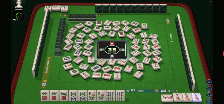 A digital Mahjong game in progress with tiles arranged around a central display.