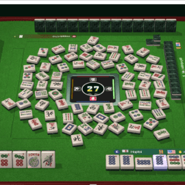 Online riichi mahjong game in progress with tiles arranged on a green table.