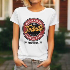 Person wearing a white t-shirt with a colorful tribute graphic design.