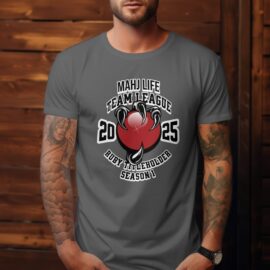 Man wearing graphic t-shirt, wooden background.