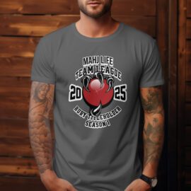 Man wearing a grey t-shirt with a boxing championship graphic and a red boxing glove.