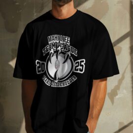 Black t-shirt with a bold 2025 graphic and a burning basketball design.
