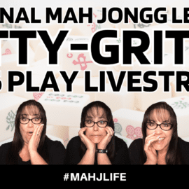 Three women with glasses showing playful expressions in front of a Mahjong-themed backdrop.