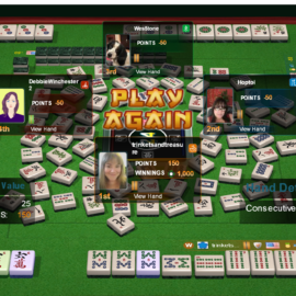 Players engaged in a digital Mahjong game with a 'Play Again' prompt.