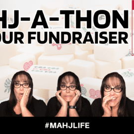 Woman with glasses making different facial expressions in front of a Mahjong-themed fundraiser banner.
