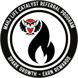 Owl and flame logo, referral program text.