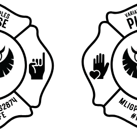 Two firefighter badges with a phoenix and hand symbols.