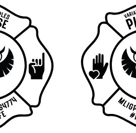 Two firefighter-style badges with hand symbols and text.