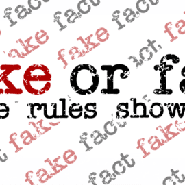 Text saying 'fake or fact' with 'fake' repeated in the background.