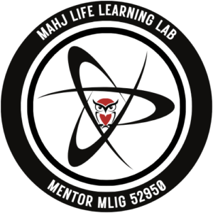 Logo of Mahj Life Learning Lab with atomic symbol and owl.