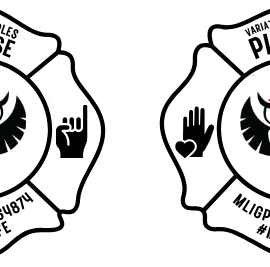 Two black and white firefighter badges with hand symbols and text.