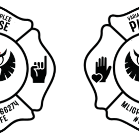 Two black and white firefighter emblem designs with different hand symbols and text.
