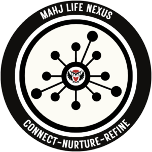 Logo of Mahj Life Nexus with connecting nodes and a central emblem.
