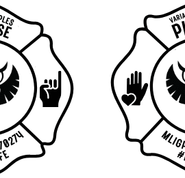 Two black and white firefighter badges with distinct symbols and text.