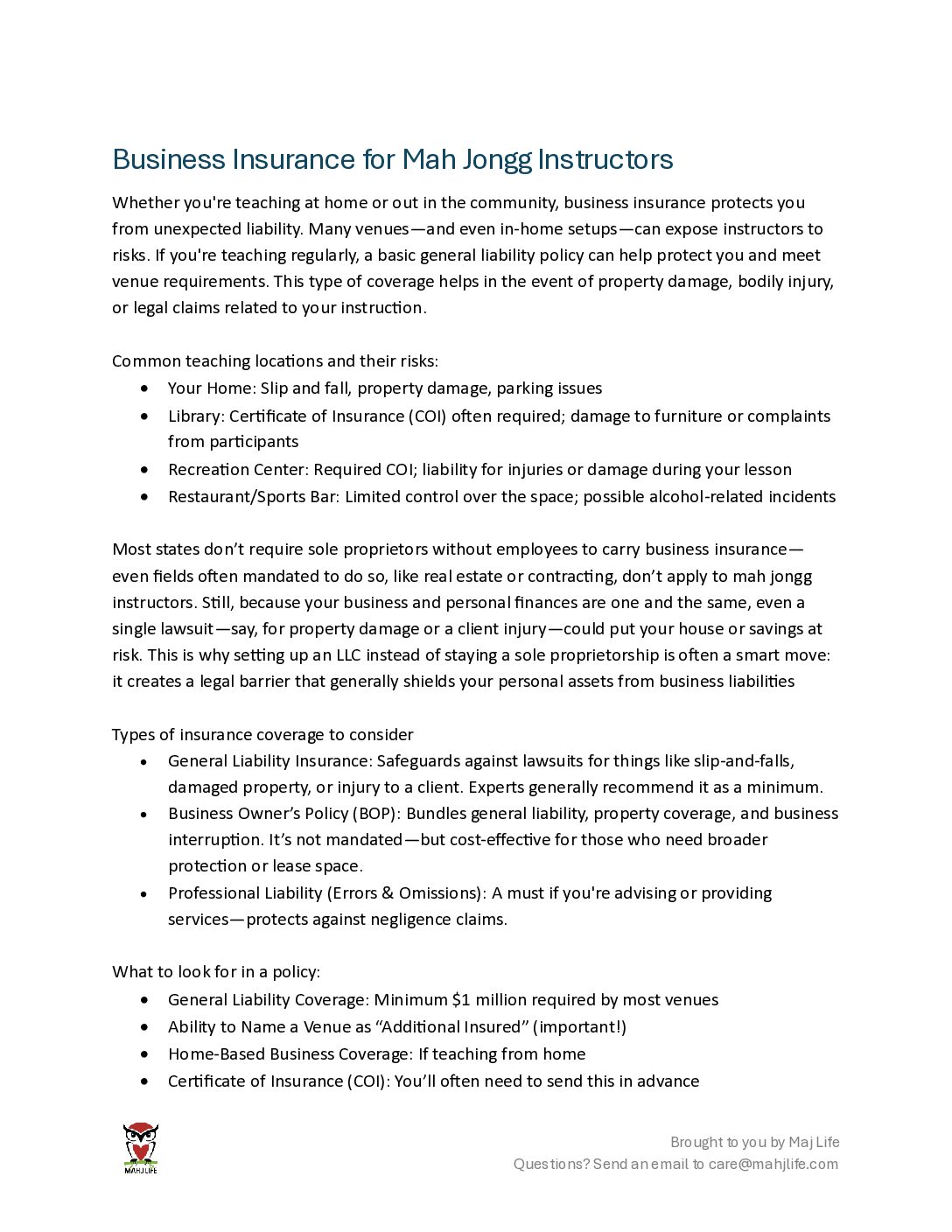 Mahj Life Business Insurance for Mah Jongg Instructors