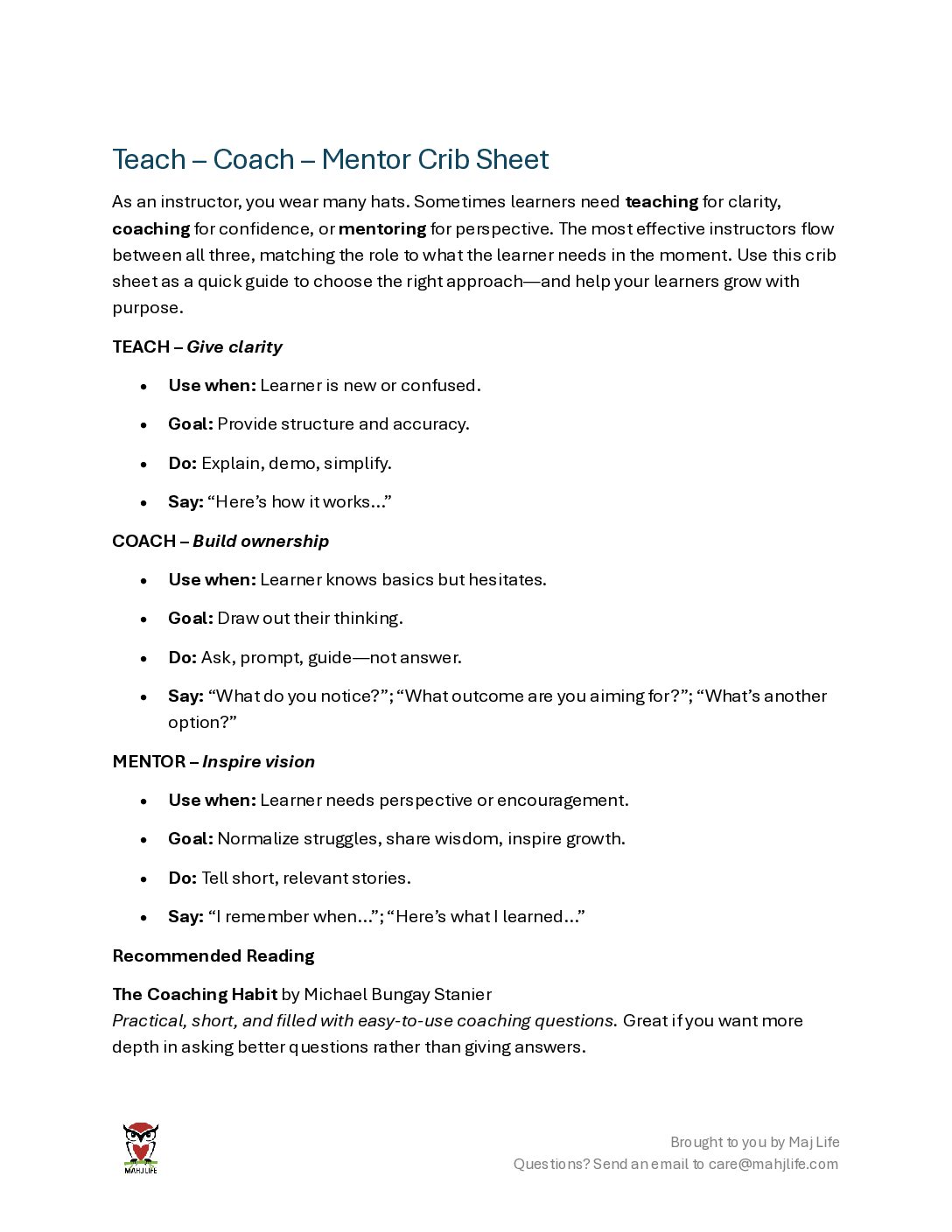 Teach-Coach-Mentor Crib Sheet